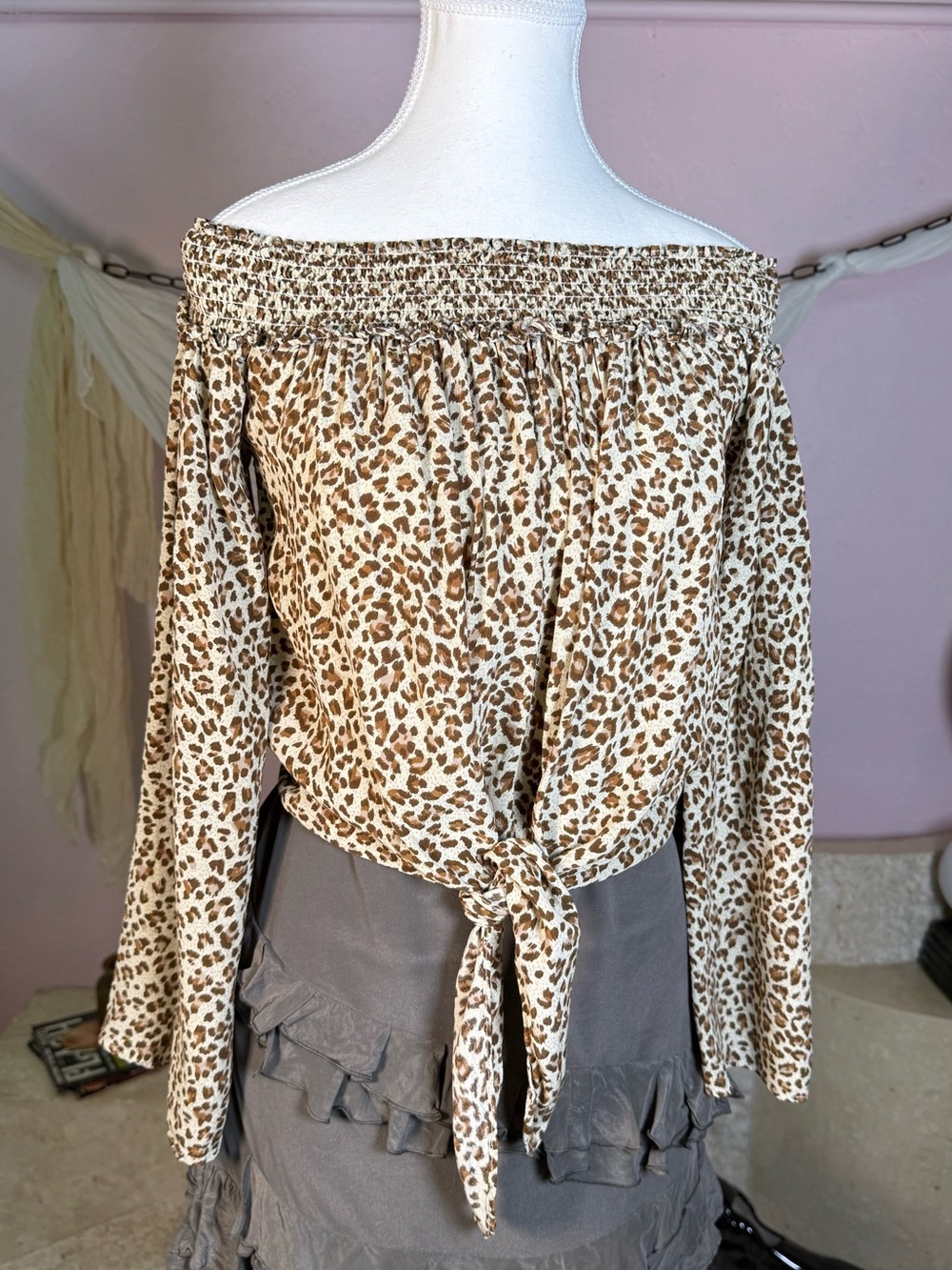 Free People Leopard Print Off Shoulder Tie Front Top Size M